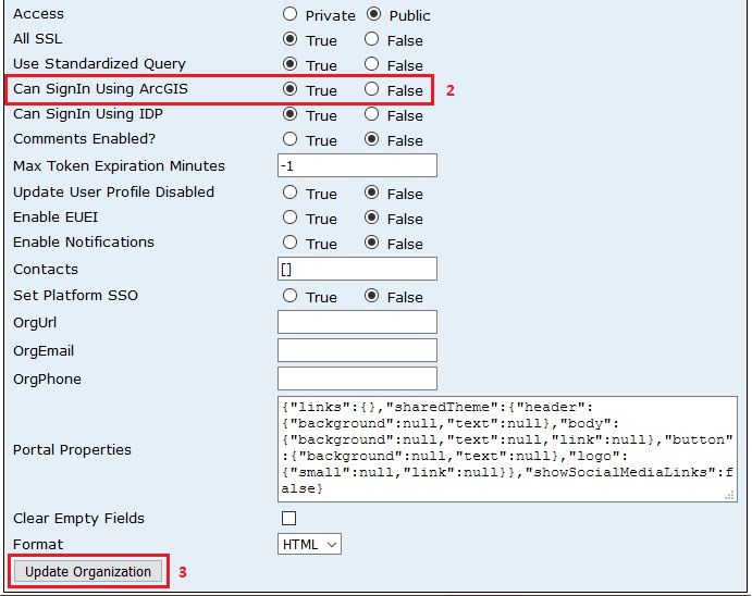 Die Abbildung der Seite zum Aktualisieren der Einstellungen in ArcGIS Portal Directory