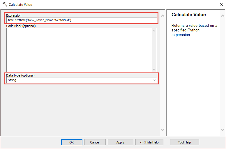 La ventana Calcular valor, mostrando las secciones Expresión y Tipo de datos (opcional).