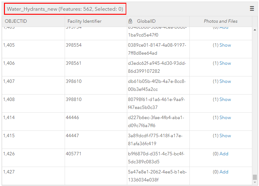 An image of attribute fields of a hosted feature layer containing attachments before being appended to another hosted feature layer.