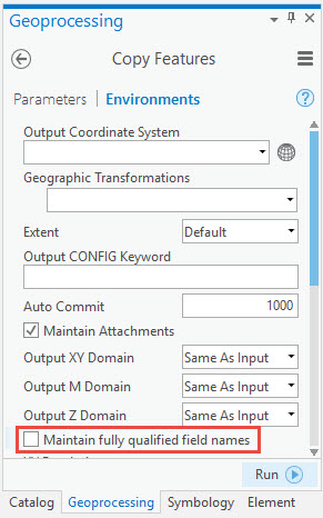 Screenshot of Copy Features with Maintain fully qualified field names unchecked.