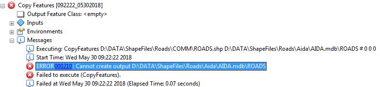 Screenshot of a geoprocessing tool failing on a personal database.
