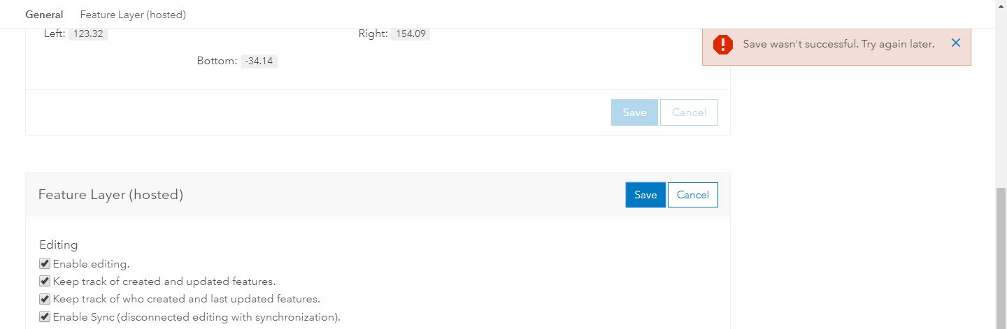 Screenshot of the item details with the "Save wasn't successful. Try again later" error.