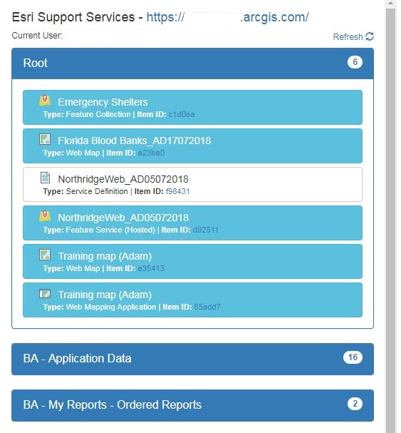 Image of list of items in expanded ArcGIS Online folders.