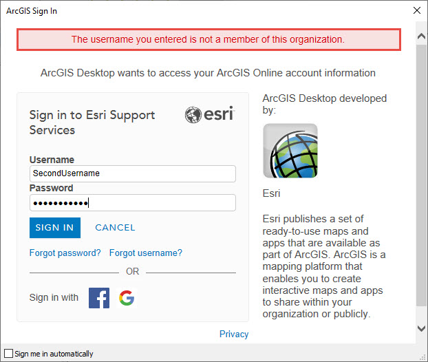 Error message displayed when attempting to log into ArcGIS Online from ArcMap