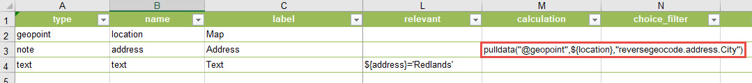 Screenshot of the XLSForm with the pulldata calculation highlighted