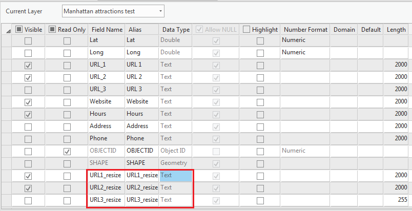 The Field view of the attribute table.