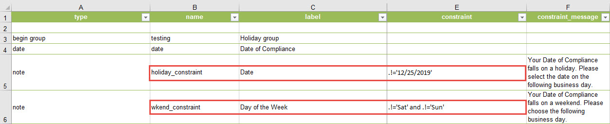 Survey table with completed constraint column