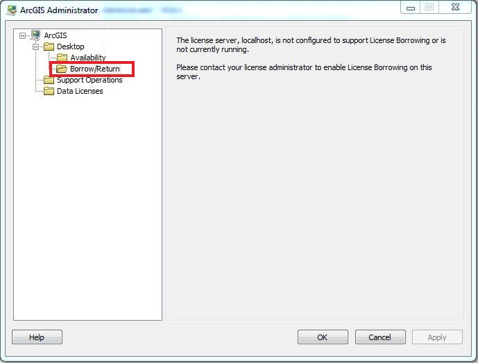 Image of the borrow/return folder showing the message the license server, localhost, is not configured and to contact licence administrator