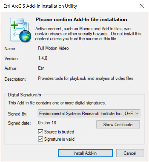 Screenshot of the FMV Add-In Installation Utility