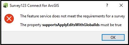 Der Fehler bei dem Versuch, einen Survey aus einem vorhandenen Feature-Service in ArcGIS Online oder Portal for ArcGIS zu erstellen