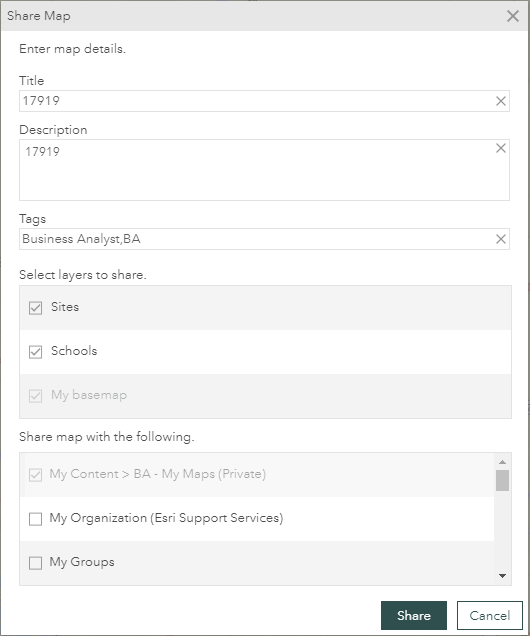 The Share Map dialog box.