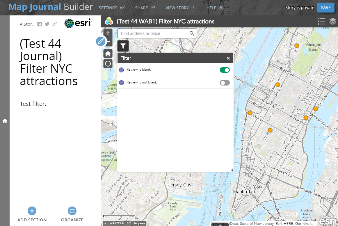 This is the web app configured with the Filter widget embedded in Story Map Journal.