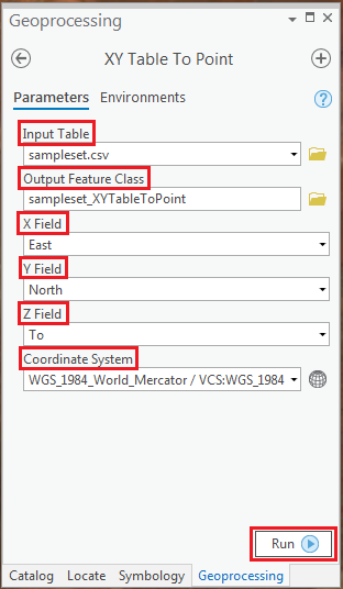 The XY Table To Point geoprocessing pane