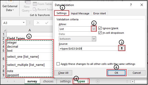 Data validation dialog box and the worksheet.