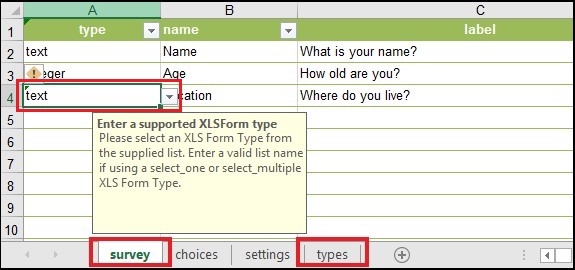 A screenshot of the XLSForm worksheet.