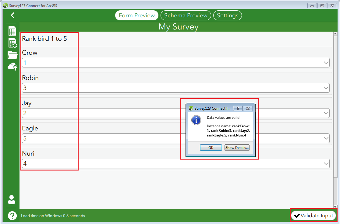 Click the Validate Input button to validate the result