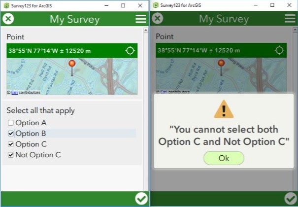 The Constraint message shown when selecting Choice C and Not Choice C.