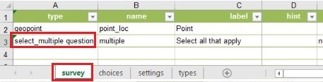The Select Multiple question in the survey XLSForm.