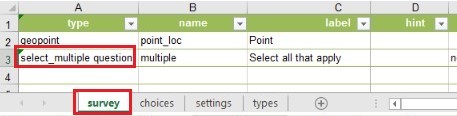 Die Frage mit Mehrfachauswahl im XLSForm des Survey