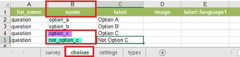 Values in the name column in the choices worksheet.