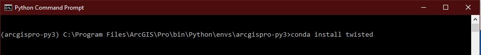 The image of the Python Command Prompt with sample command to install twisted