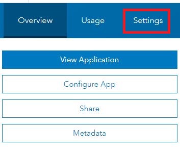 Image of the Settings selection in the Item Details page in ArcGIS Online