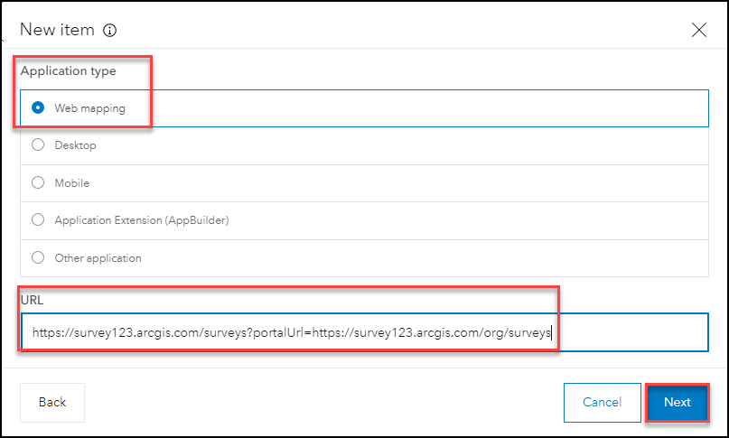 The image of the New item dialog box to add a new web app.