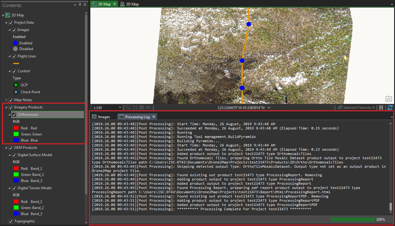 An orthomosaic is successfully created in Drone2Map for ArcGIS