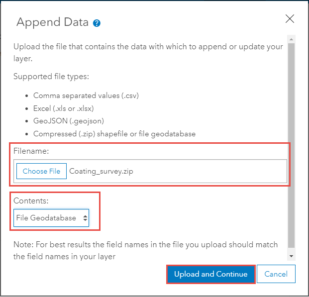 Append Data dialog box