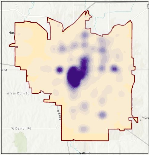 Heat map created from default settings in the Kernel Density tool.