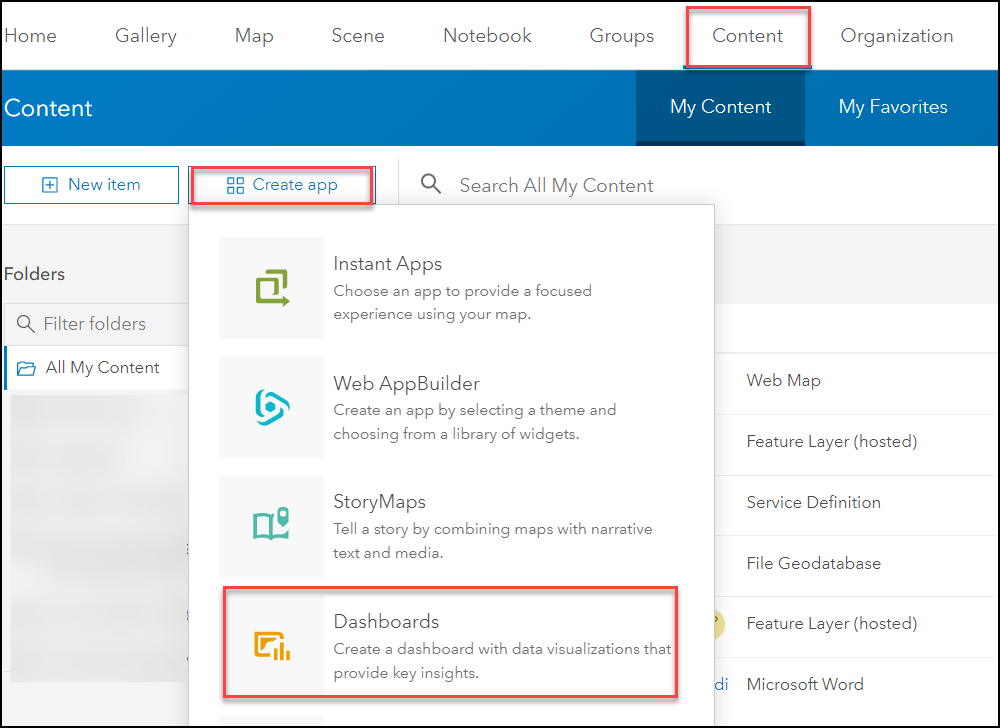 The image of the Dashboards option from the Content page in ArcGIS Online.