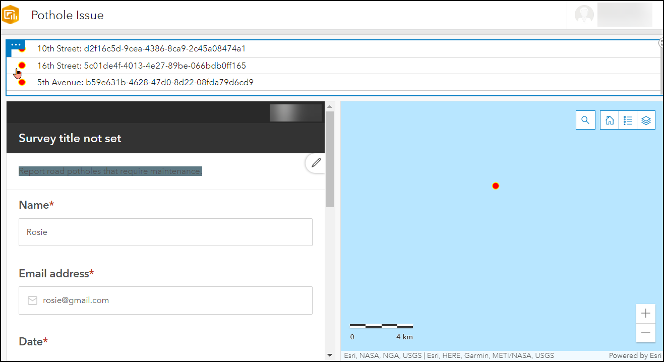 The selected feature from the list and the retrieved related information in the survey form.