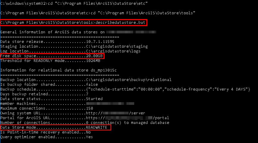 Símbolo del sistema para describedatastore.bat