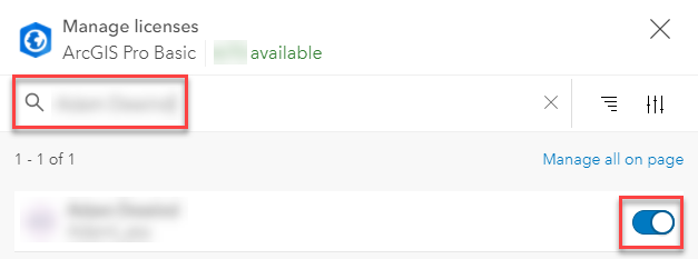 Image of the member search and assign license functions in ArcGIS Online