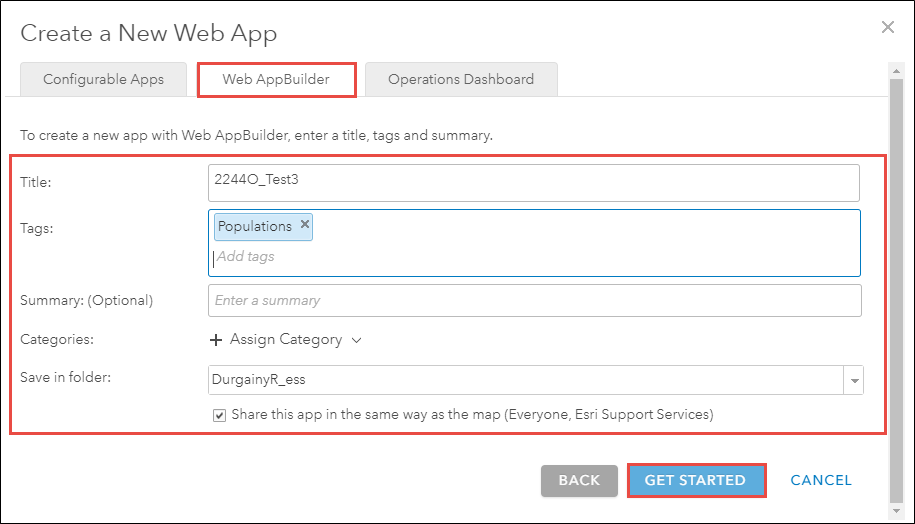 Create a New Web App dialog box