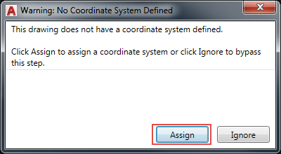 Screenshot of the Warning: No Coordinate System Defined window.