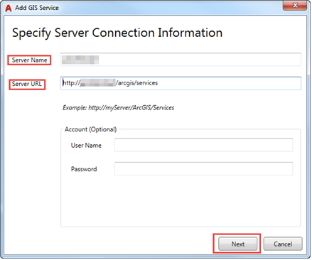 Image of Specify Server Connection Information window