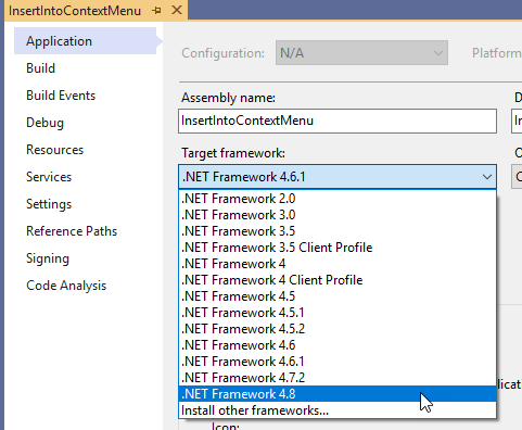 从“应用程序”选项卡的“目标框架”下拉列表中选择 .NET Framework 4.8。