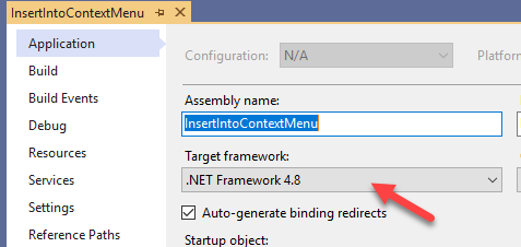 A verificação da Estrutura de Destino mostra o .NET Framework 4.8 na guia Aplicativo.