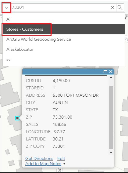 The configured layer appears for the search operation.