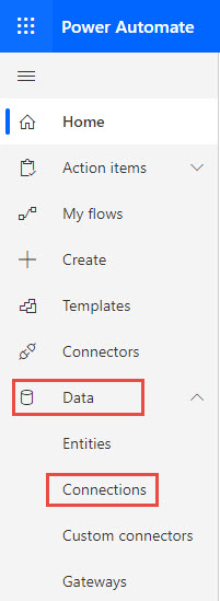 Imagen que muestra el panel de conexiones de datos de Power Automate