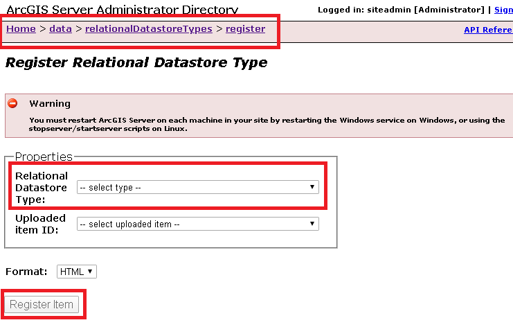 Imagen de la página de registro en el extremo Admin de ArcGIS Server