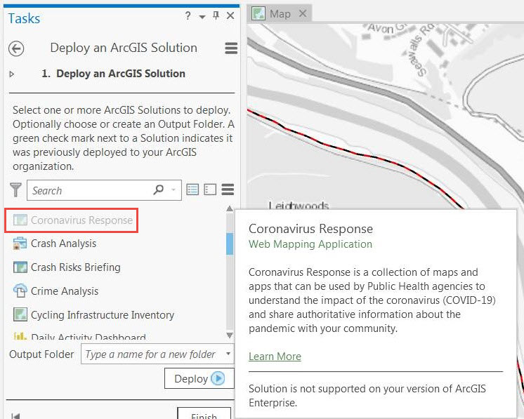 包含冠状病毒响应解决方案的 ArcGIS Pro 屏幕截图将在“部署 ArcGIS 解决方案”窗格中灰显。