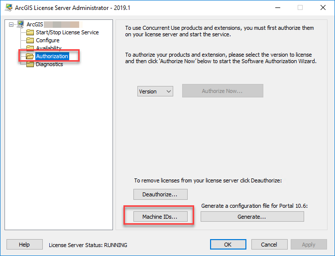 Imagen de la pestaña Autorización y la selección Id. de equipo en ArcGIS License Server Administrator