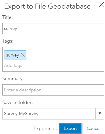 the Export to File Geodatabase window