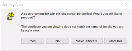 Imagem mostrando a mensagem do alerta de segurança: Uma conexão segura com este site não pode ser verificada. Você ainda deseja prosseguir?