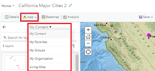 Image indiquant qu’ArcGIS Online n’est pas une option lorsque vous ajoutez des couches dans ArcGIS Online.