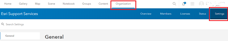Image de l’onglet Settings (Paramètres) sous l’onglet Organization (Organisation).