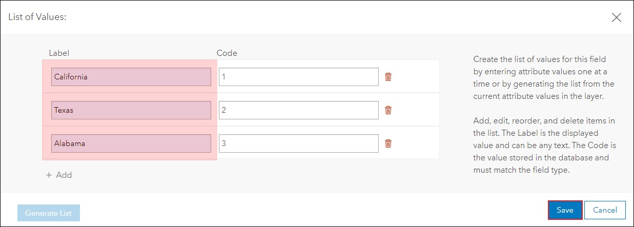 A janela Lista de Valores exibindo os valores adicionados nas seções Rótulo e Código.