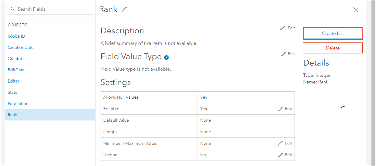 Rank フィールドのページで [リストを作成] をクリックする。